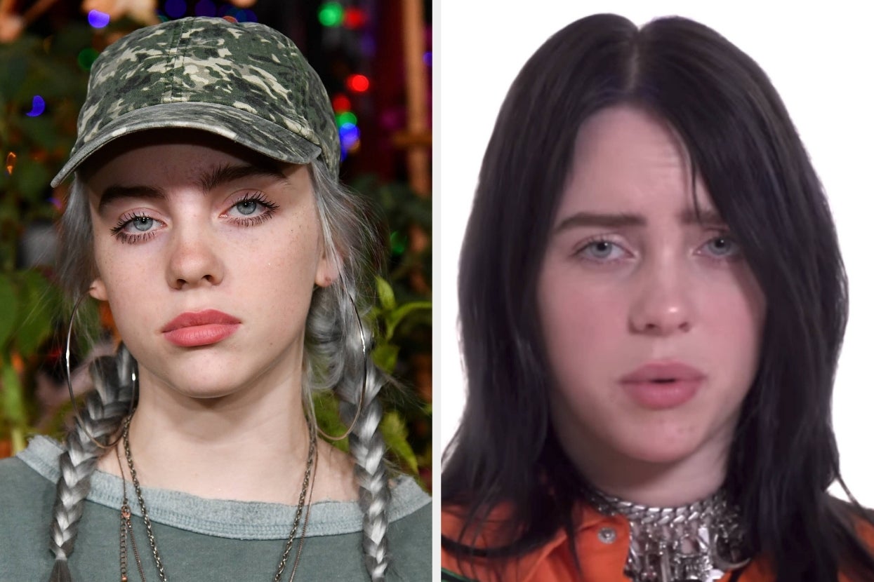 Two side-by-side photos of a young woman with distinguishable hairstyles: one in braids with a cap, the other with loose hair and a statement necklace