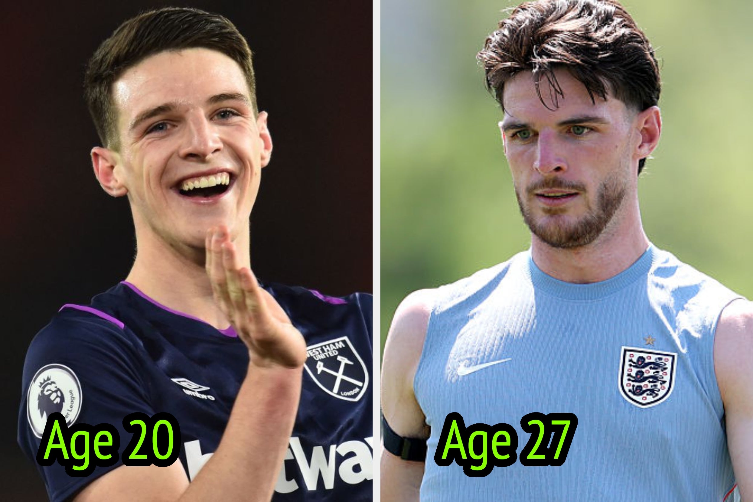Side-by-side images of a football player at age 20 in a jersey and at age 27 in a training top, highlighting his career progression