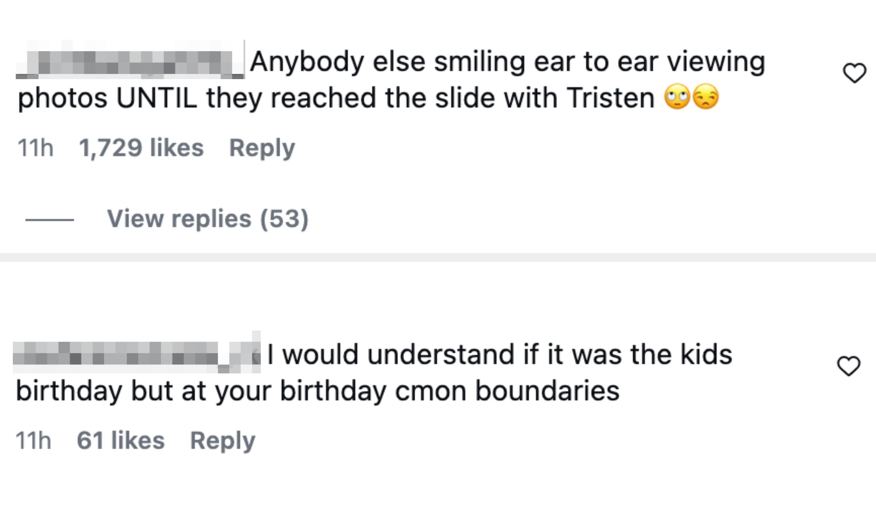 Social media comments discussing a photograph of Tristan astatine Khloé's day event