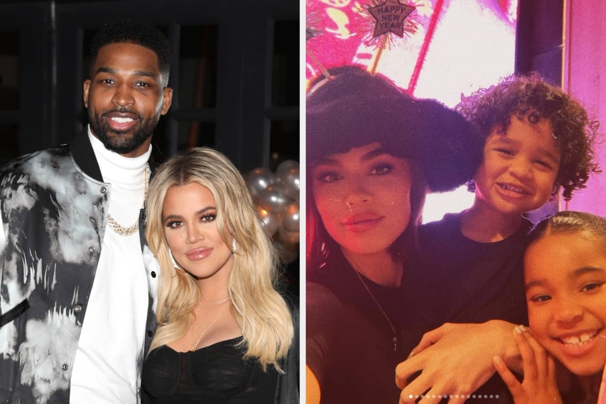 Left: Tristan Thompson and Khloé Kardashian. Right: Khloé and their kids