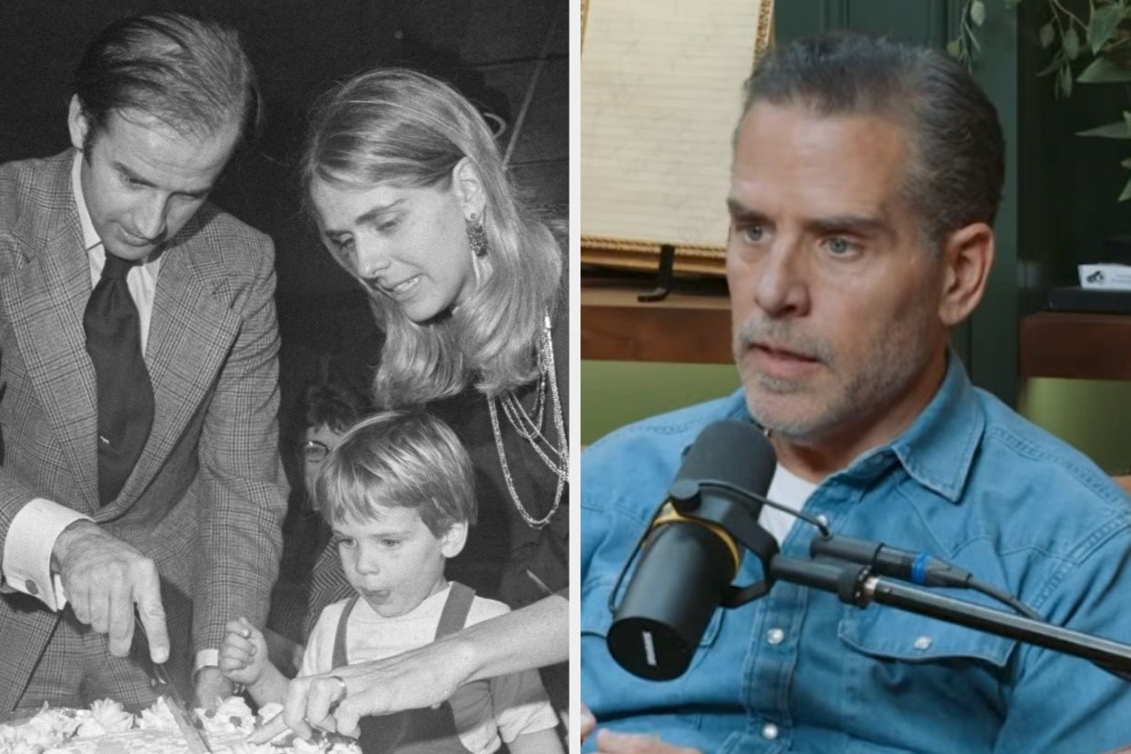 Two side-by-side images: one shows a family cutting a cake, and the other shows a man speaking into a microphone during an interview