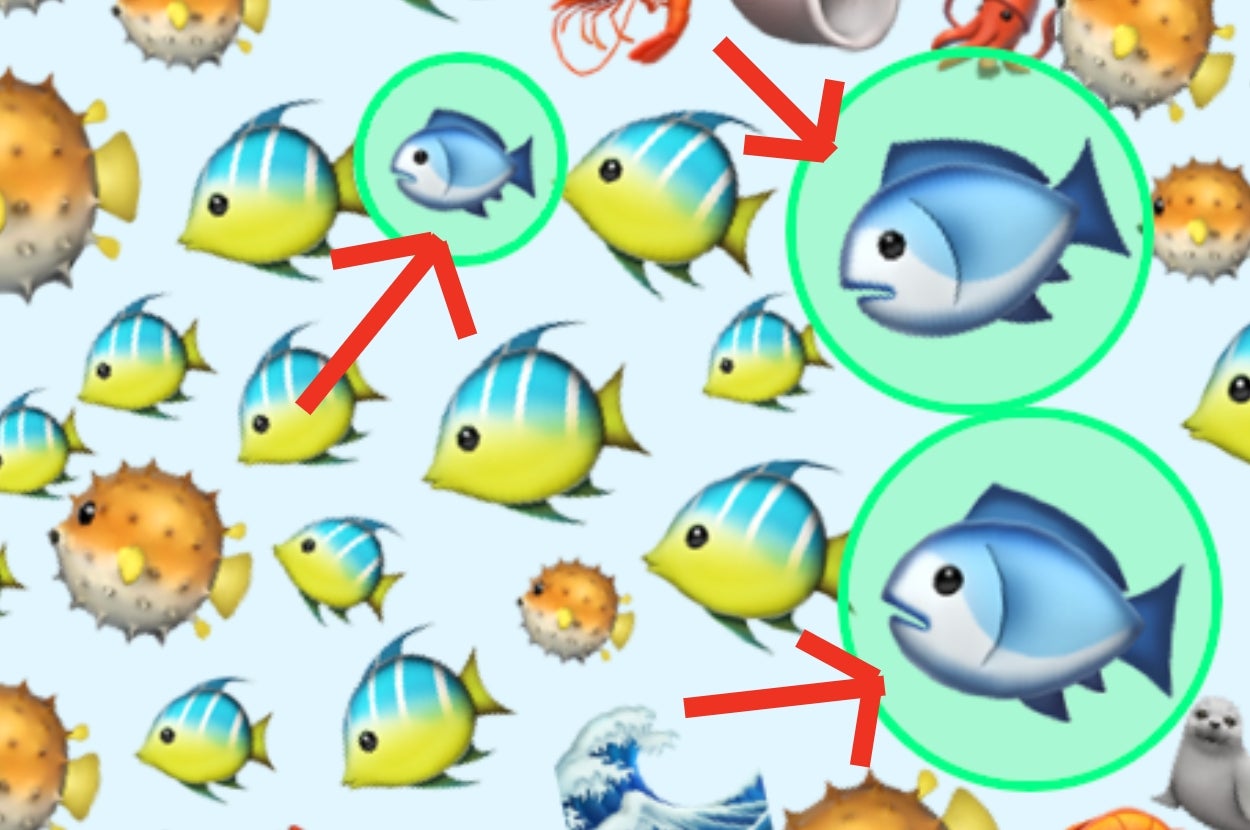A puzzle image with various fish emojis among other sea creatures, with two similar fish highlighted with red arrows for a matching game
