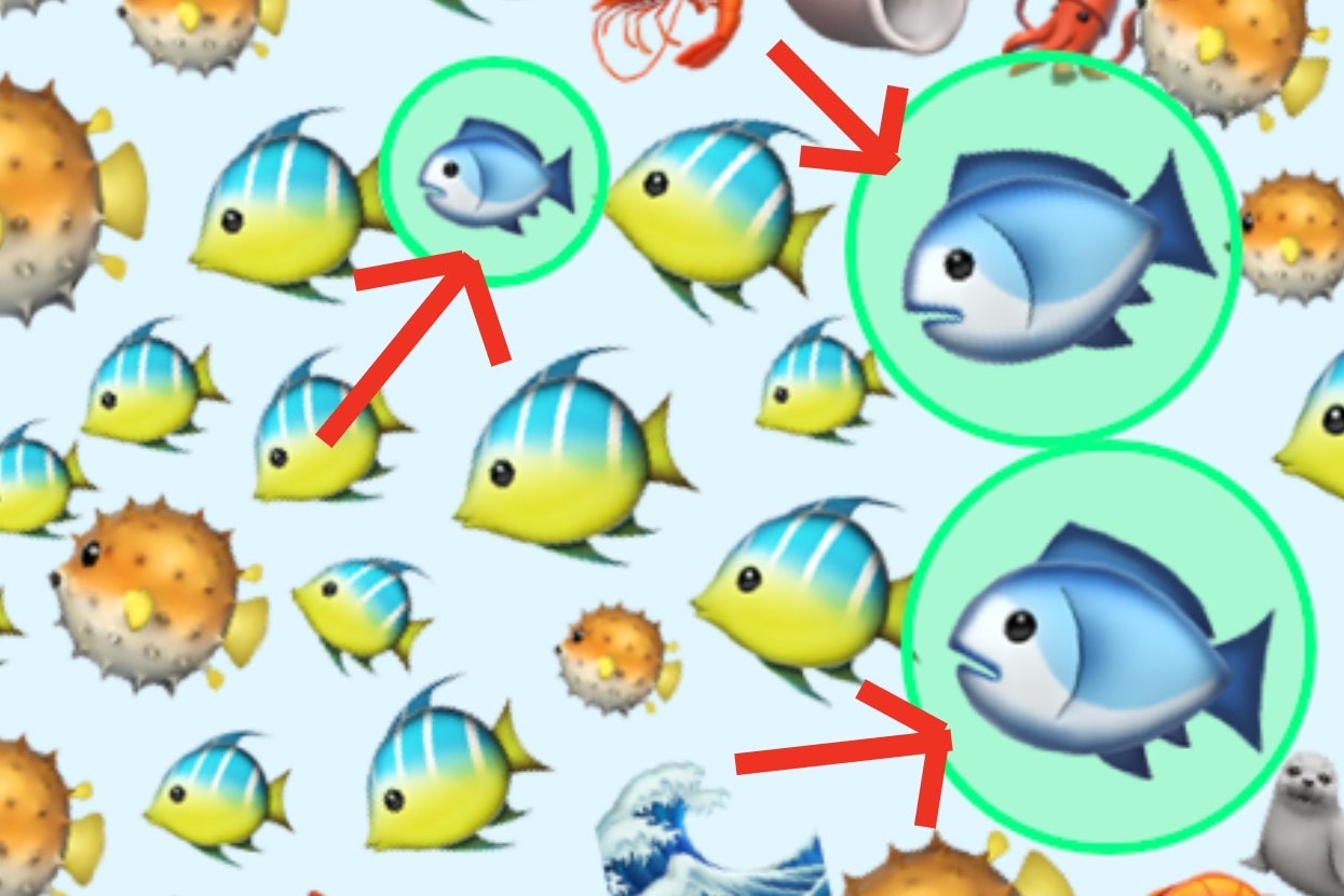 A puzzle image with various fish emojis among other sea creatures, with two similar fish highlighted with red arrows for a matching game