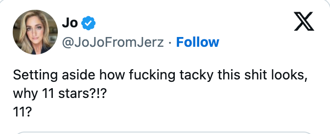 Tweet questioning the usage of 11 stars, calling it tacky, ending with repetition of "11?"
