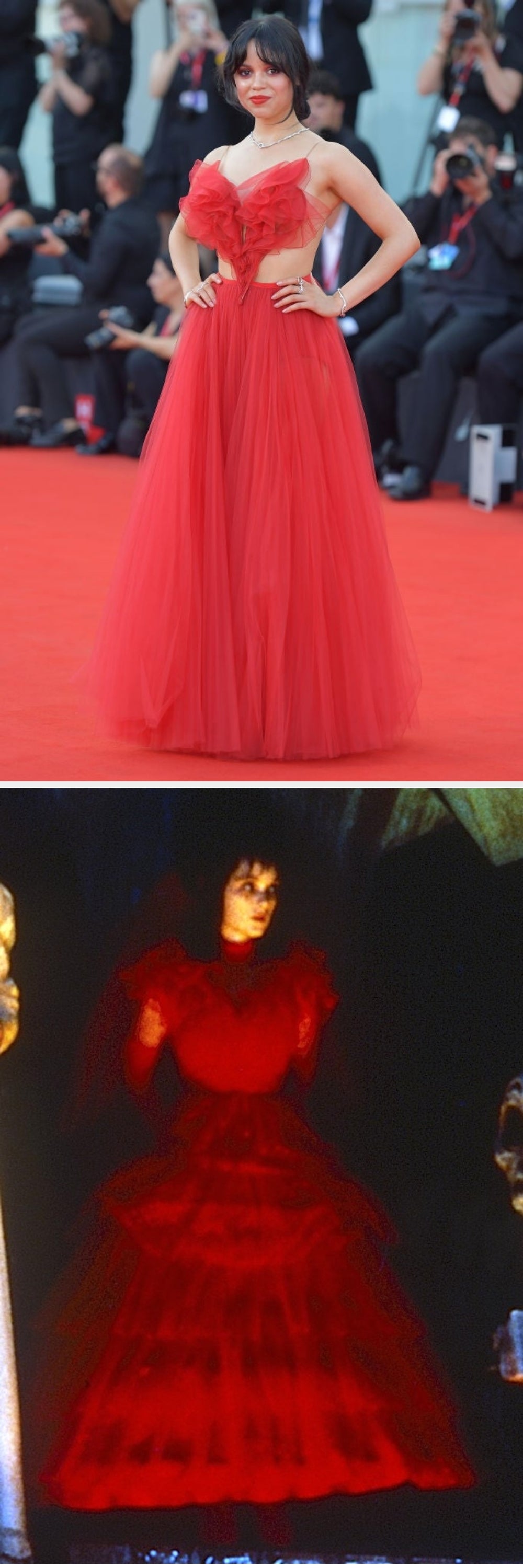 Person successful a flowing, elegant gown connected the reddish carpet, posing confidently with hands connected hips, surrounded by photographers