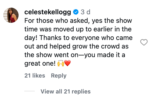 Social media remark  from Celeste thanking attendees for supporting a show