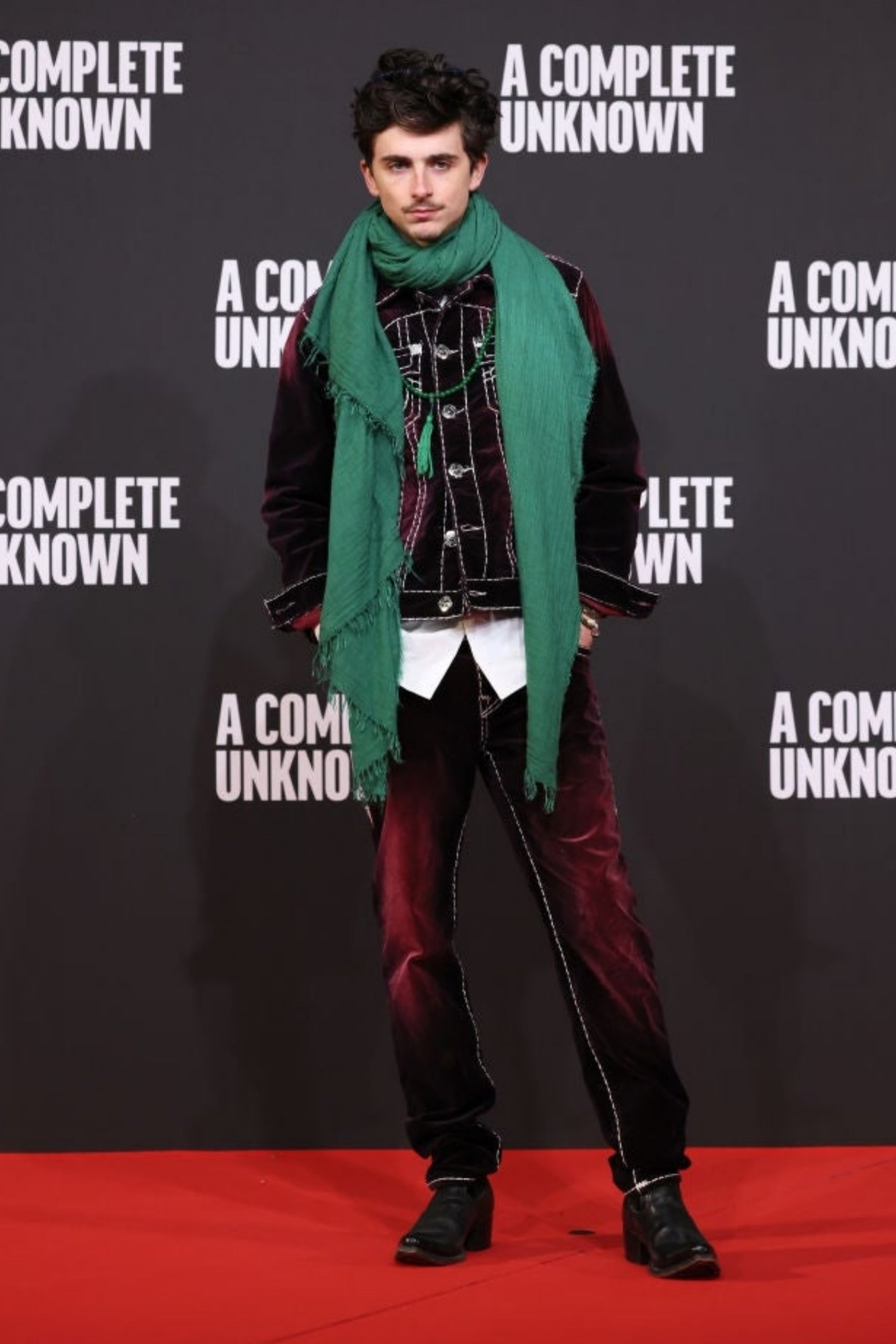 Person posing connected a reddish carpet, wearing a velvet suit with intricate details and a ample scarf, astatine an lawsuit labeled "A Complete Unknown."