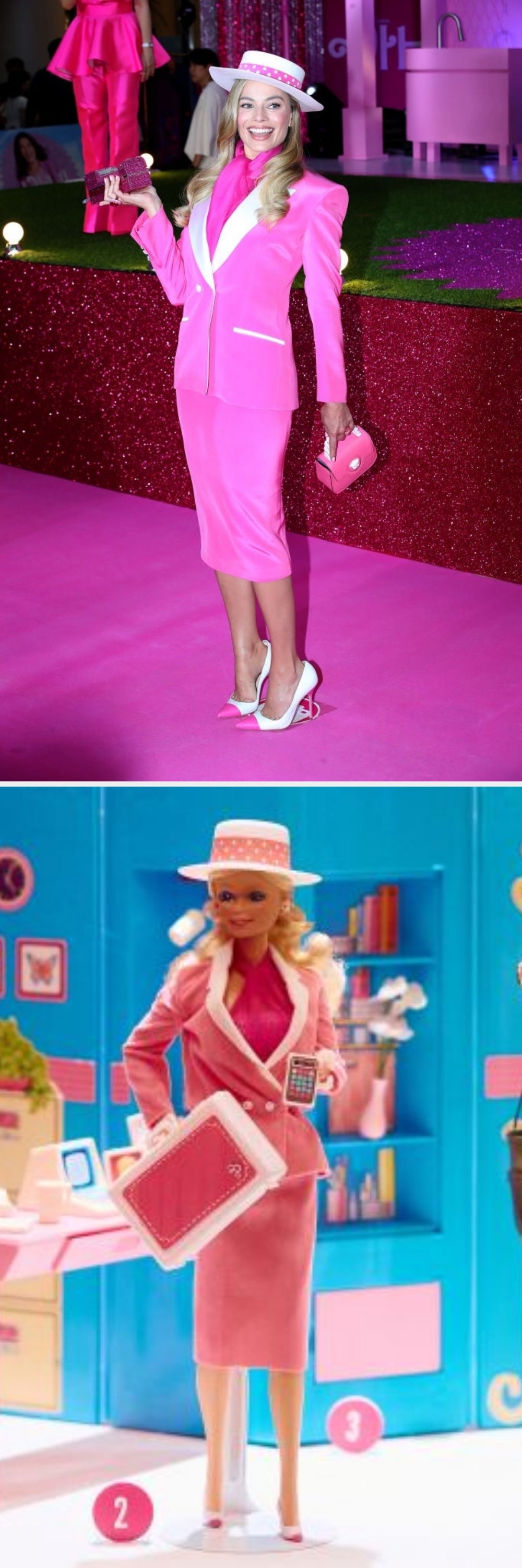 Person successful a vintage-inspired outfit with a chapeau and matching accessories connected a pink-themed lawsuit carpet