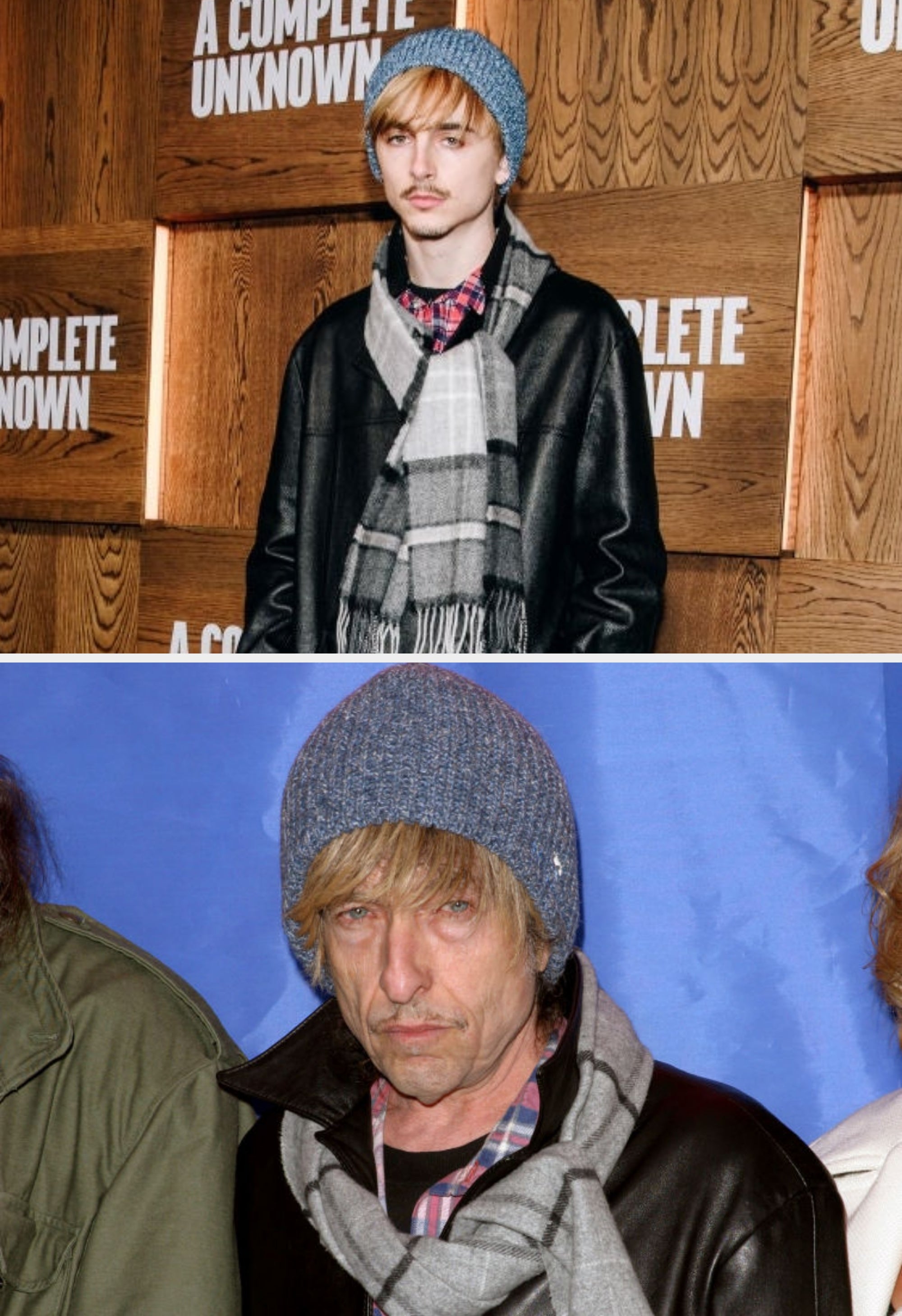 Person successful a leather jacket, scarf, and beanie stands connected a carpet with a backdrop that reads "A Complete Unknown."