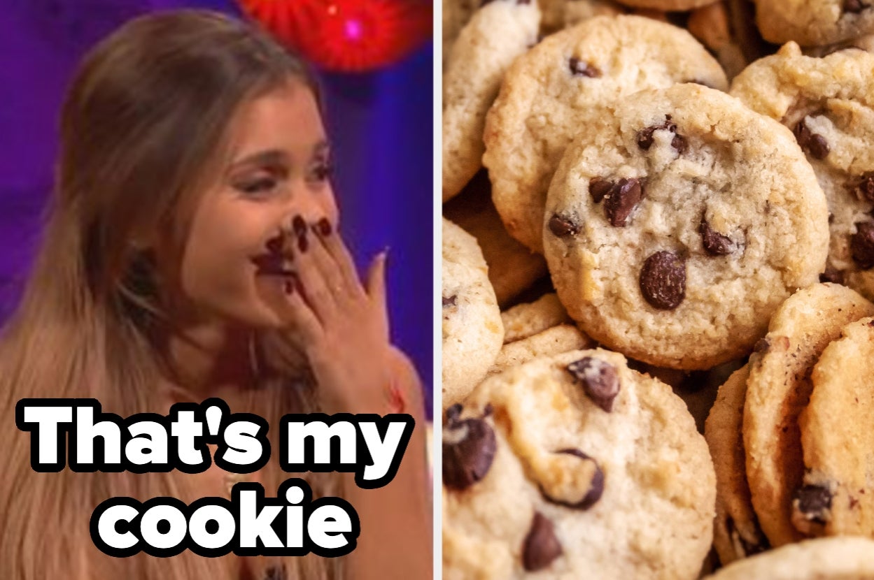 Person laughing with hand over mouth next to a pile of chocolate chip cookies. Text reads: "That's my cookie."