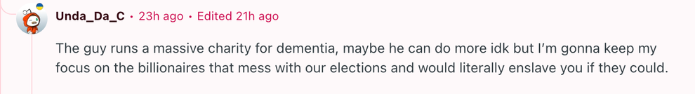 Comment discussing a charity for dementia and billionaire influence on elections