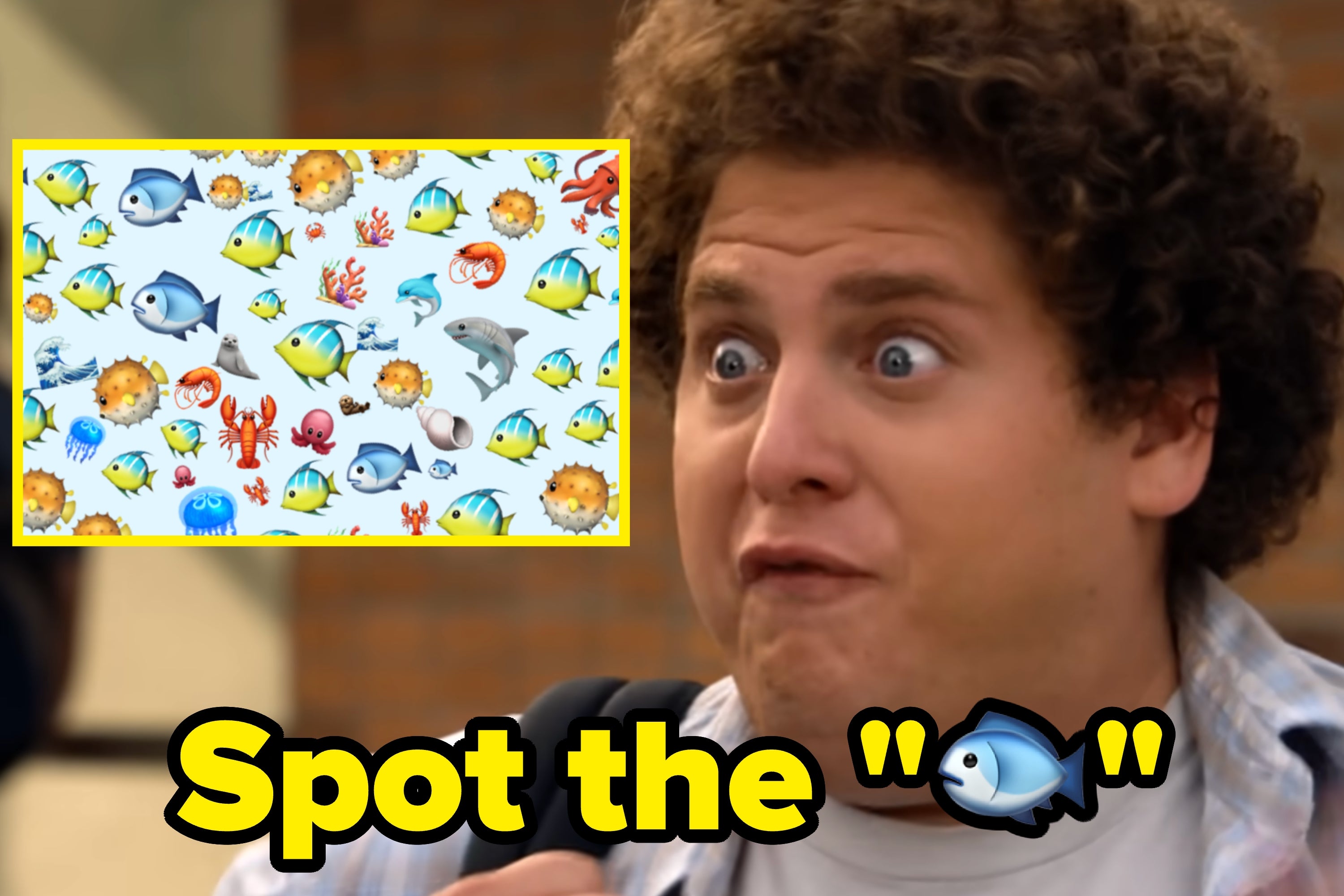 Image featuring various fish emojis, circled green for selection. Text instructs to tap only on a specific fish emoji