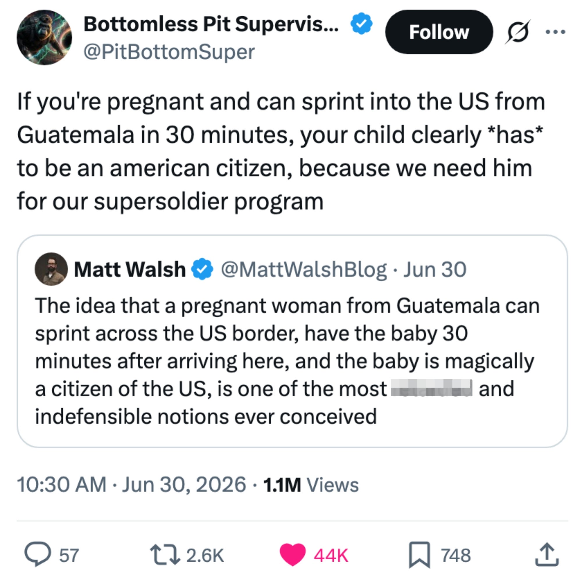 Tangkapan layar postingan Twitter yang mengejek gagasan bahwa seorang anak yang lahir di AS secara otomatis menjadi warga negara