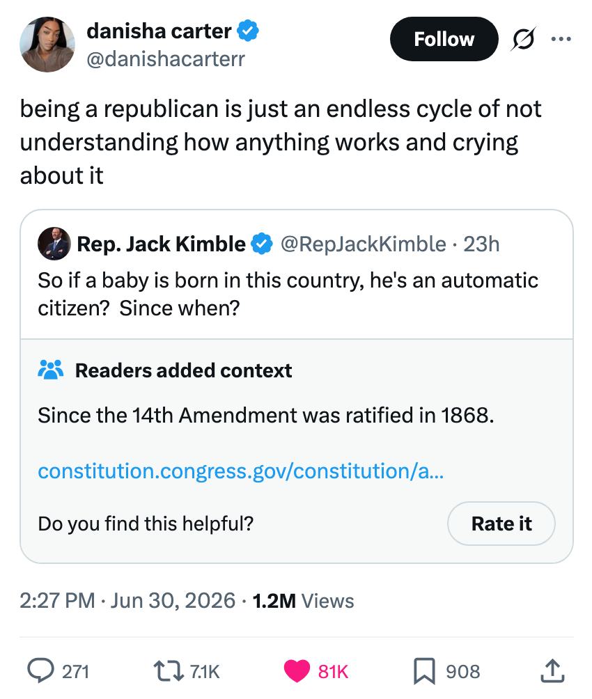 Tweet yang mengkritik posisi Partai Republik mengenai kewarganegaraan hak kesulungan dengan tangkapan layar tweet dari Rep. Jack Kimble yang mempertanyakan kewarganegaraan otomatis