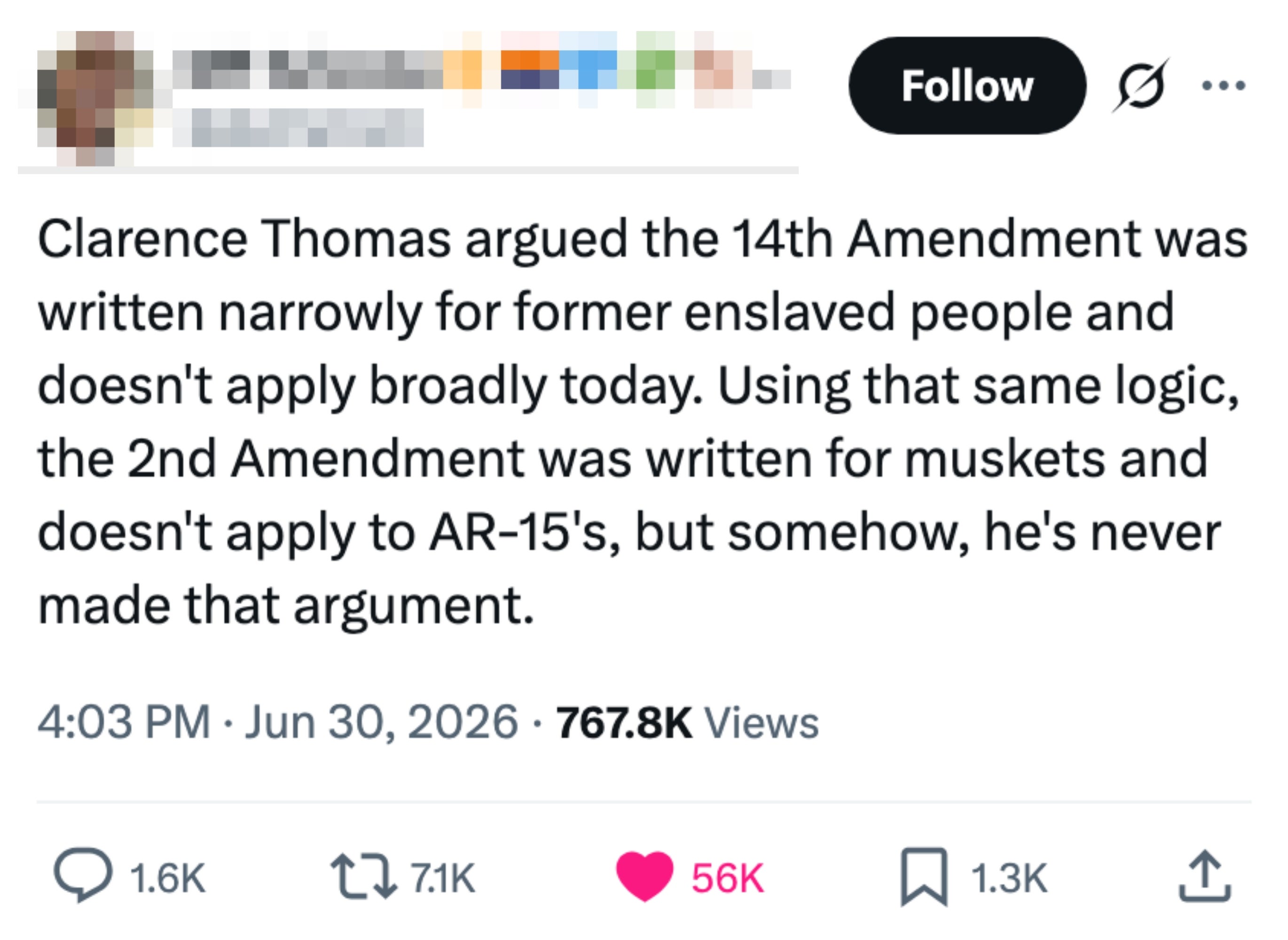 Tweet oleh anggota parlemen Arizona tentang interpretasi Clarence Thomas terhadap Amandemen ke-14 dan ke-2, menyoroti anggapan adanya inkonsistensi
