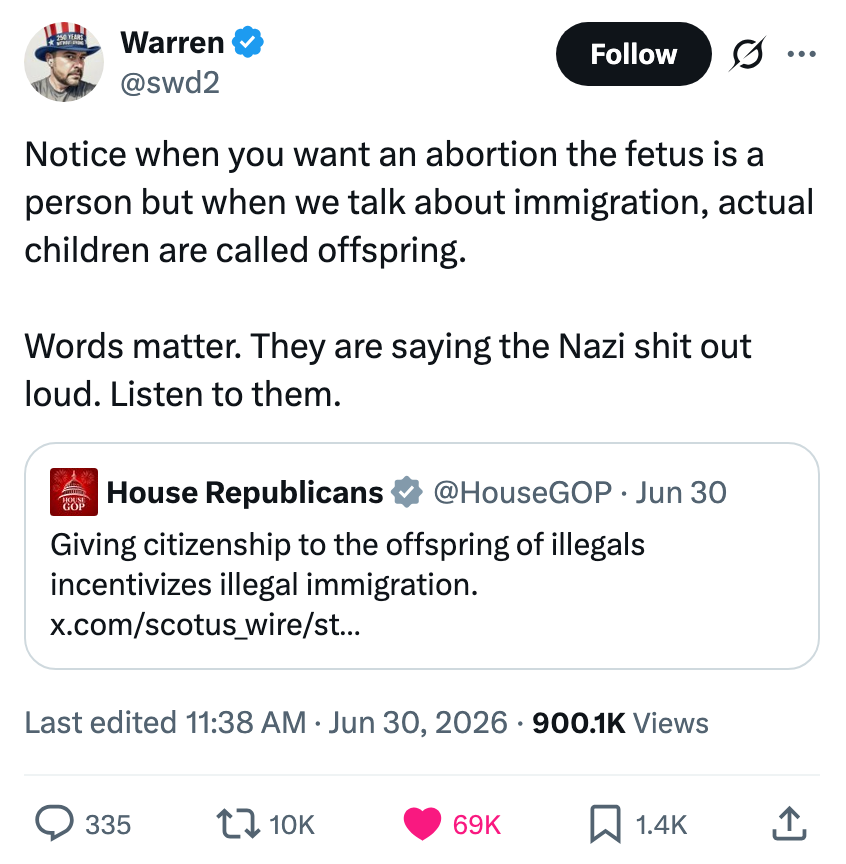 Tweet yang mengkritik penggunaan bahasa yang tidak konsisten dalam wacana politik yang dibagikan oleh Warren, menyebutkan topik seperti aborsi dan imigrasi