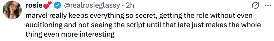 Tweet mentions Marvel's secrecy, highlighting roles fixed without auditions and precocious publication reveals, making the acquisition much intriguing