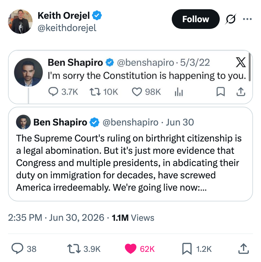 Postingan media sosial menunjukkan tweet Ben Shapiro yang mendesak tindakan mengenai hak kewarganegaraan dan masalah imigrasi