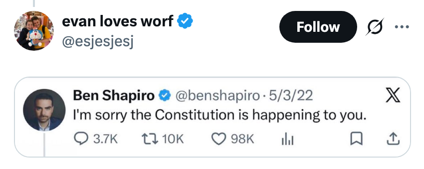 Tangkapan layar tweet Ben Shapiro yang mengatakan, 