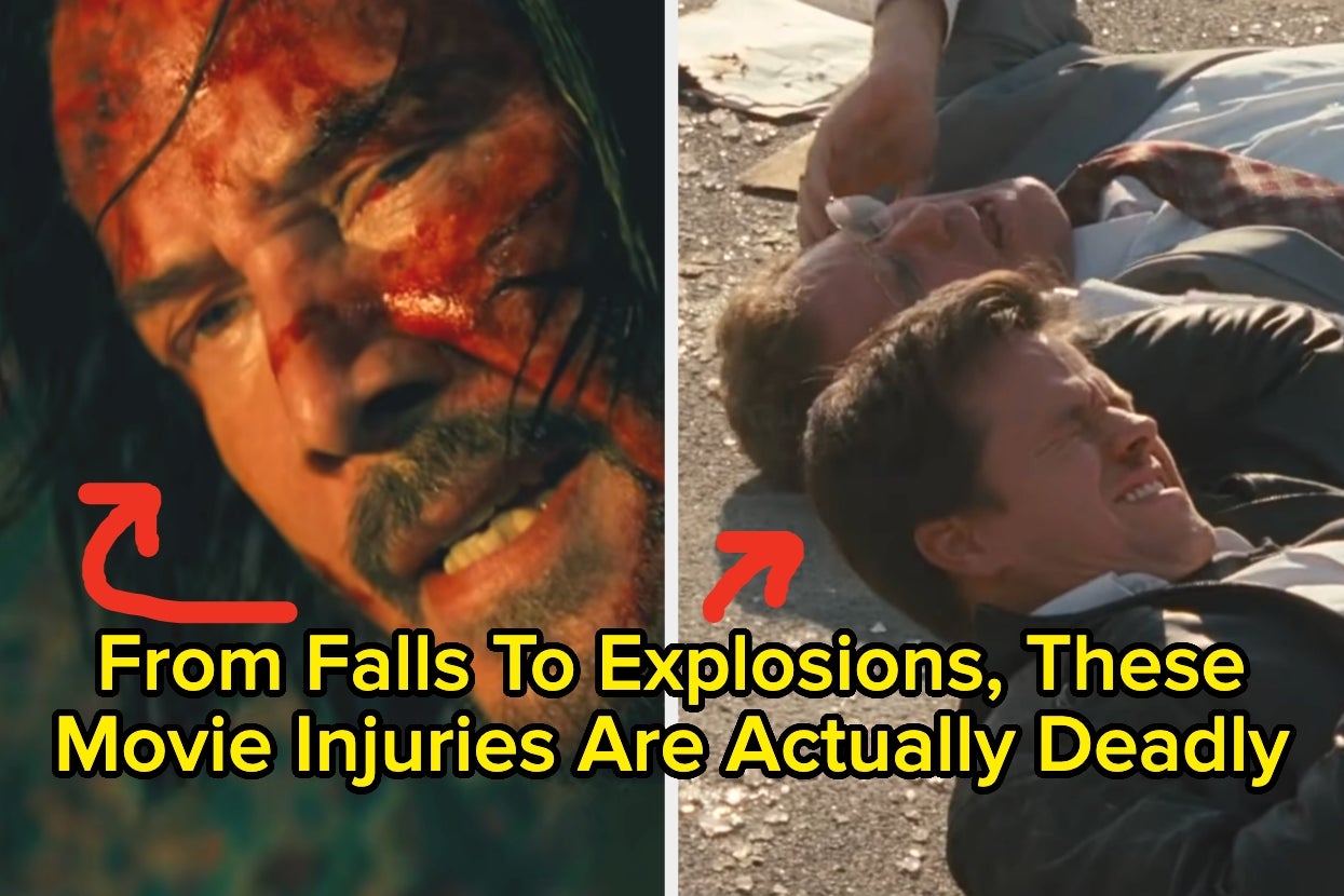 On-screen injury scenes with text: "From Falls to Explosions, These Movie Injuries Are Actually Deadly."
