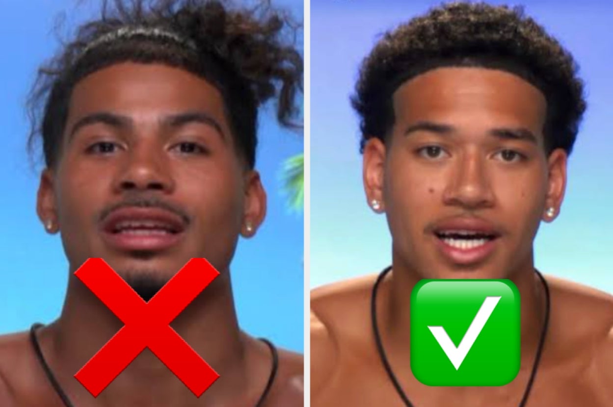 Side-by-side comparison of two individuals with different hairstyles, one has an "X" and the other a checkmark, indicating a preferable style choice