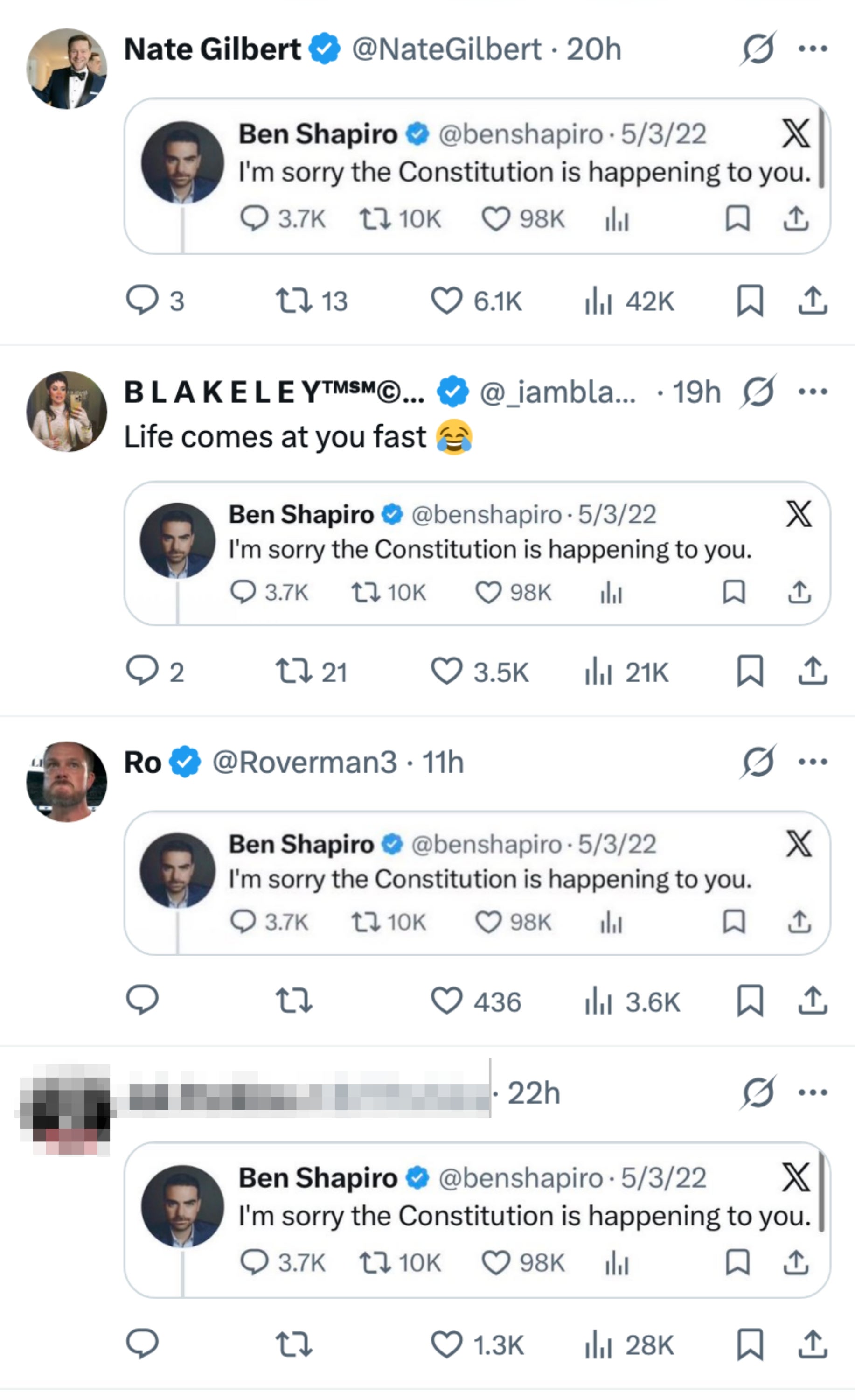 Serangkaian tweet memparodikan tweet asli oleh Ben Shapiro, dengan berbagai reaksi lucu dari pengguna