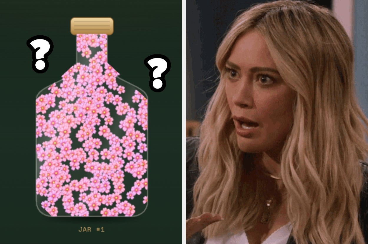 A jar filled with pink flowers alongside a surprised person gesturing, likely reacting to a guessing game about the number of flowers
