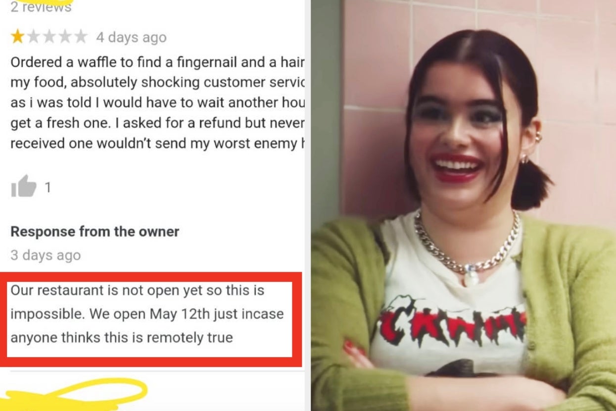 Screenshot of a review mentioning a fingernail in food, and a sassy response from the owner denying it, next to a person smiling