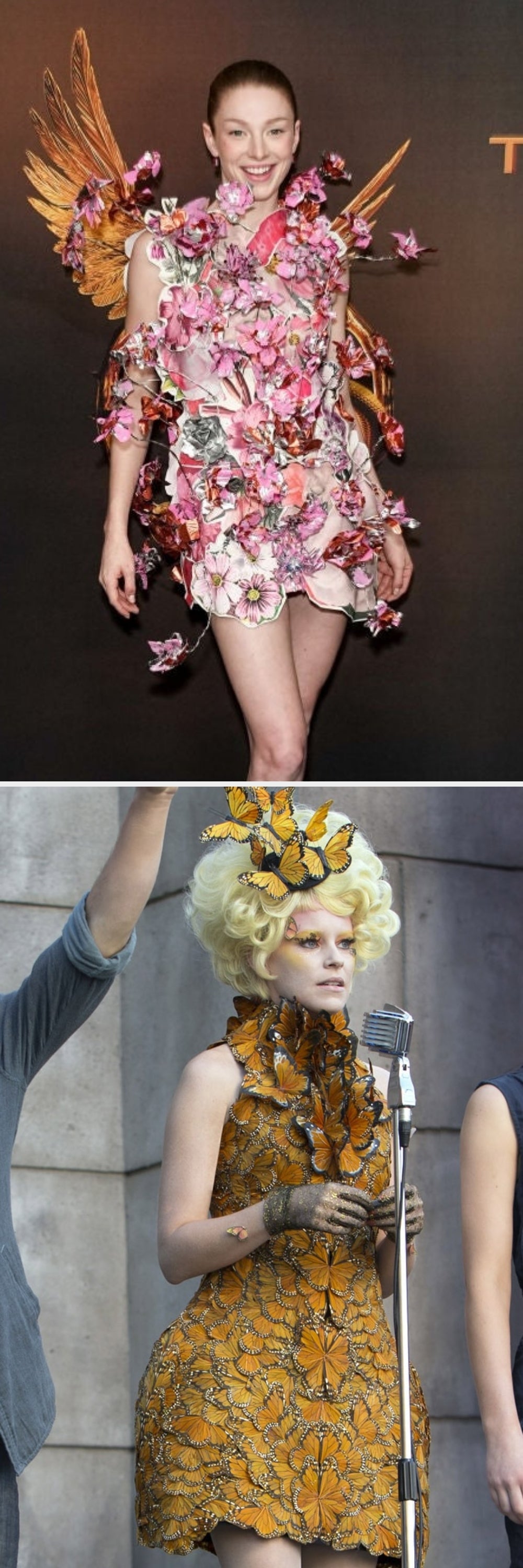 Person connected reddish carpet wearing a floral outfit with sculptural elements and achromatic heels, posing confidently