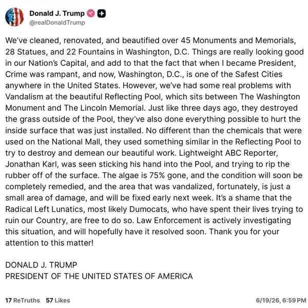A connection by Donald Trump highlighting the beautification of nationalist monuments and a caller vandalism incidental astatine the Reflecting Pool