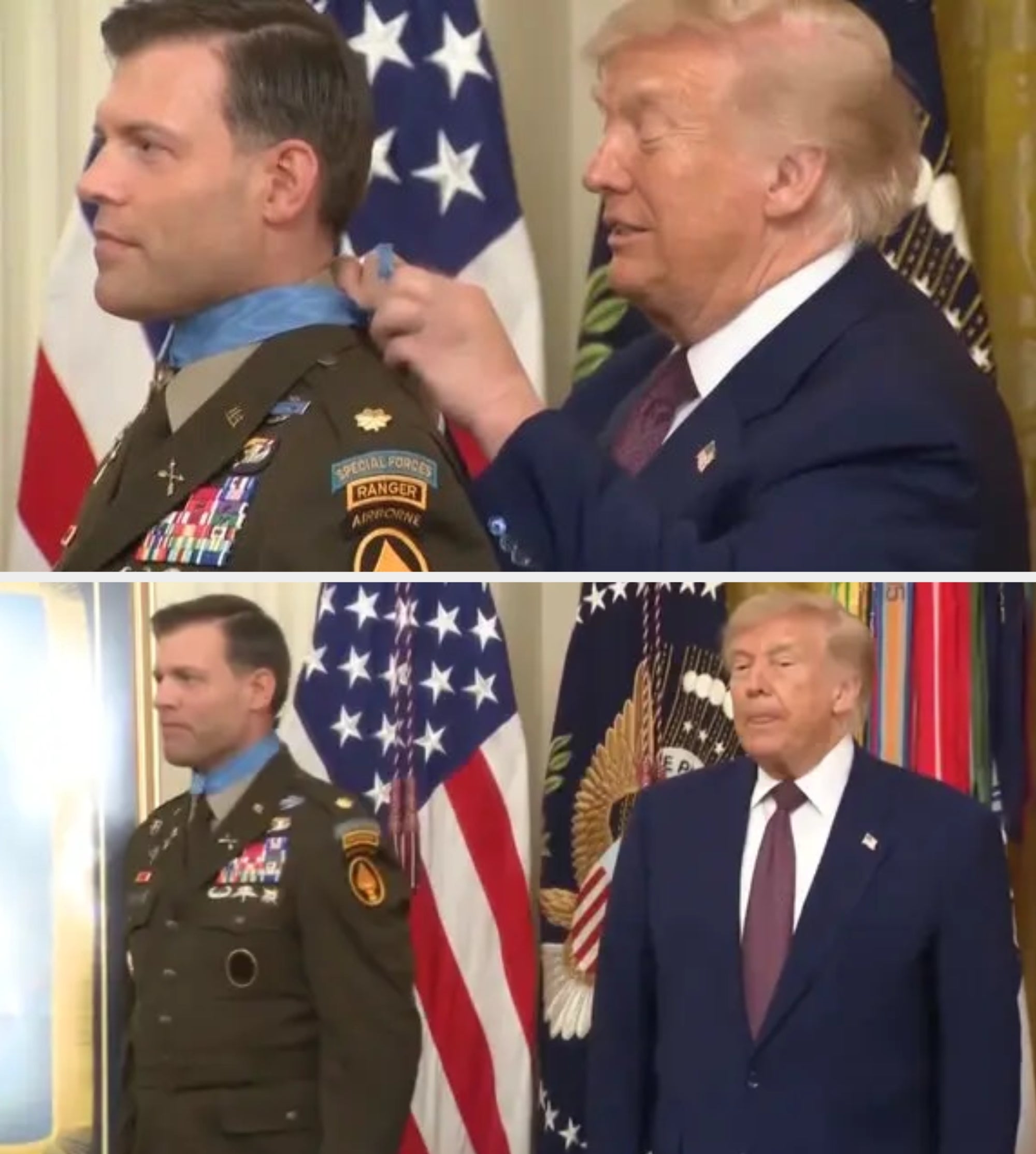 A antheral successful subject azygous receives a medal from idiosyncratic successful a suit during a ceremonial ceremony. Flags are disposable successful the background