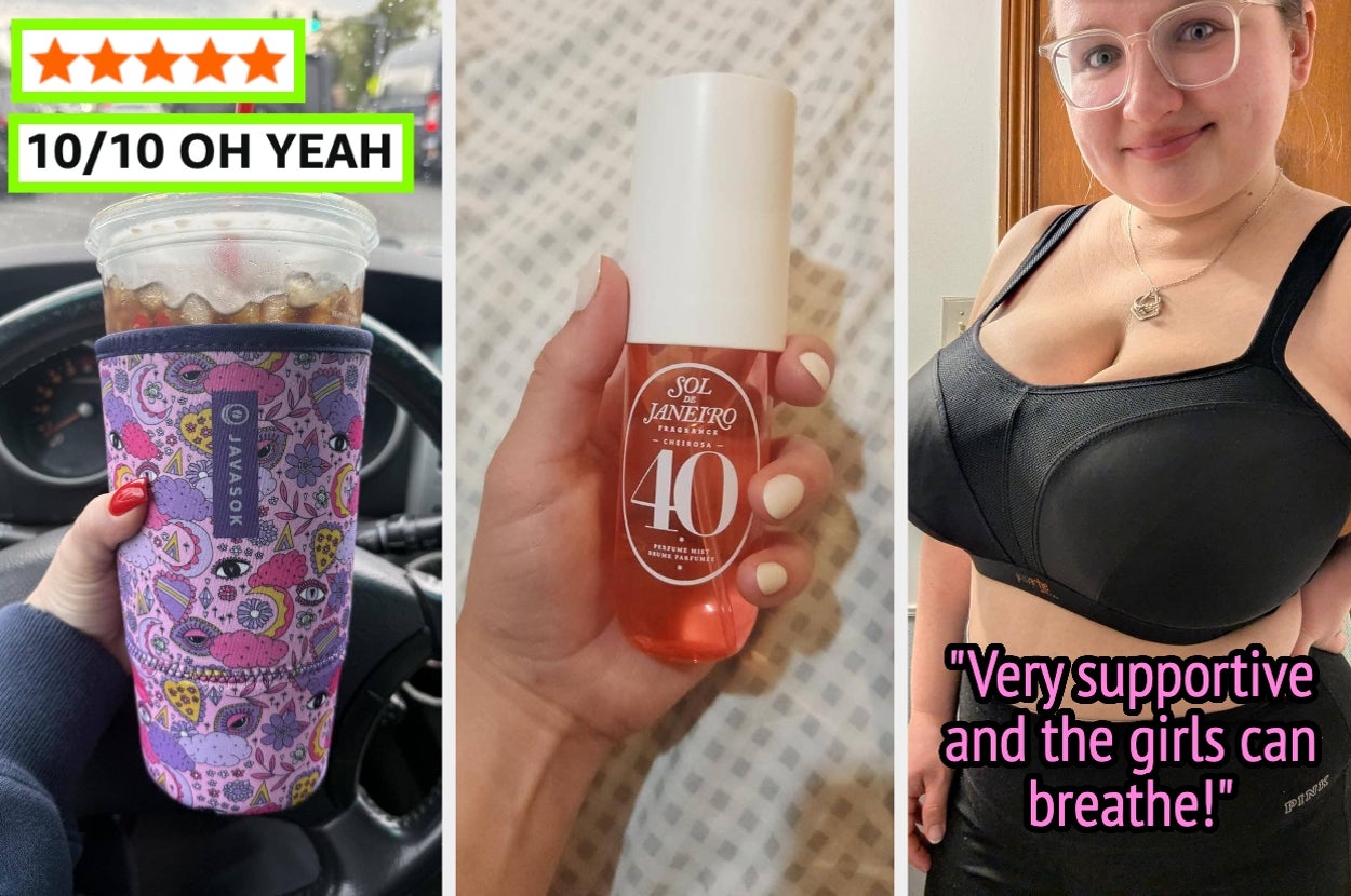 Collage: A hand holding a large drink with sleeve, Sol de Janeiro spray, and a person in a supportive bra with a text quote on its comfort