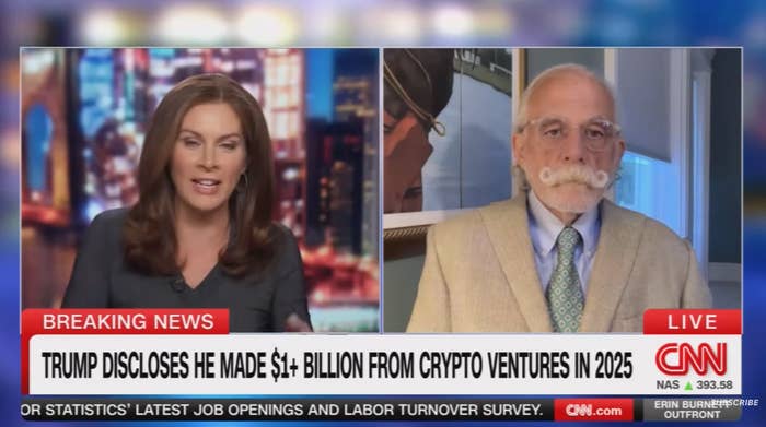 CNN broadcast with 2  hosts discussing Trump's $1+ cardinal  net  from crypto ventures successful  2025
