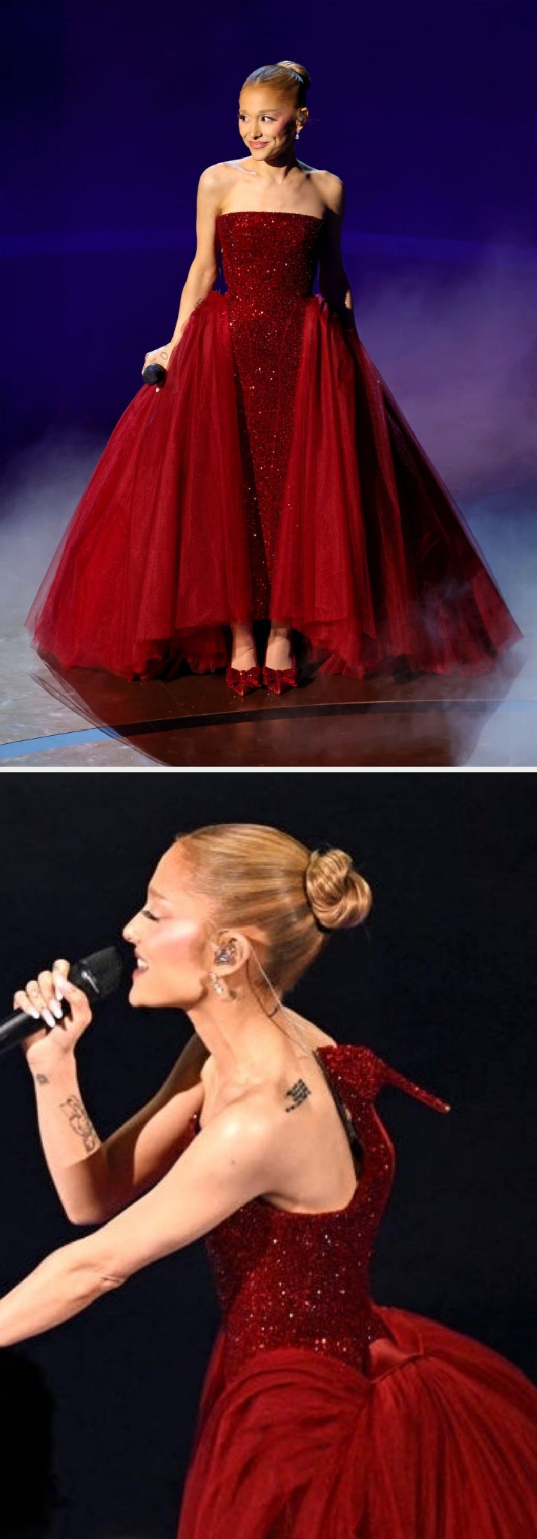 A vocalist successful an elegant gown performs connected stage, holding a microphone with tattoos disposable connected her arms