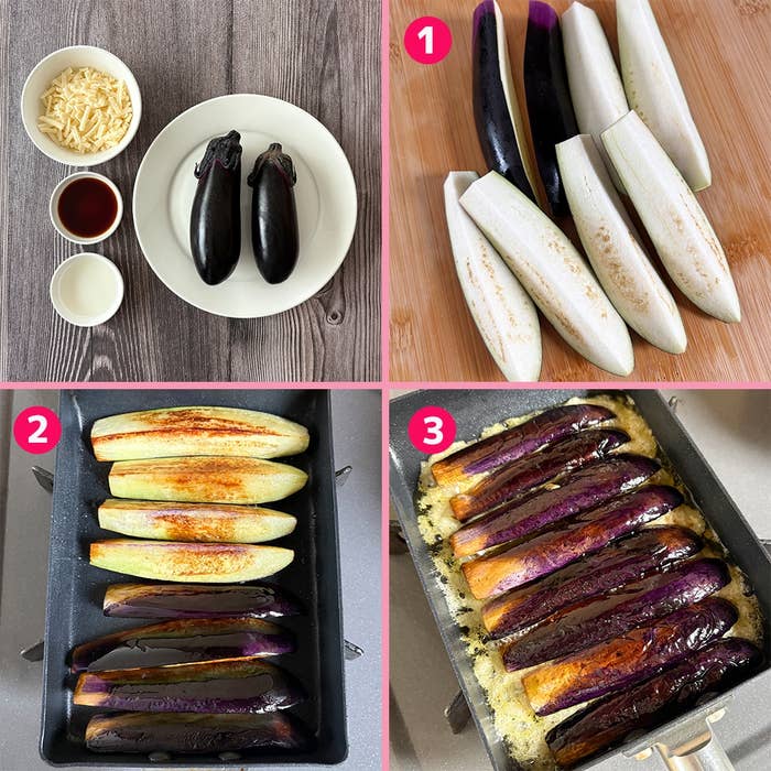 なすのチーズ焼きの調理手順を示す画像。切り、焼き、チーズの上で焼く。