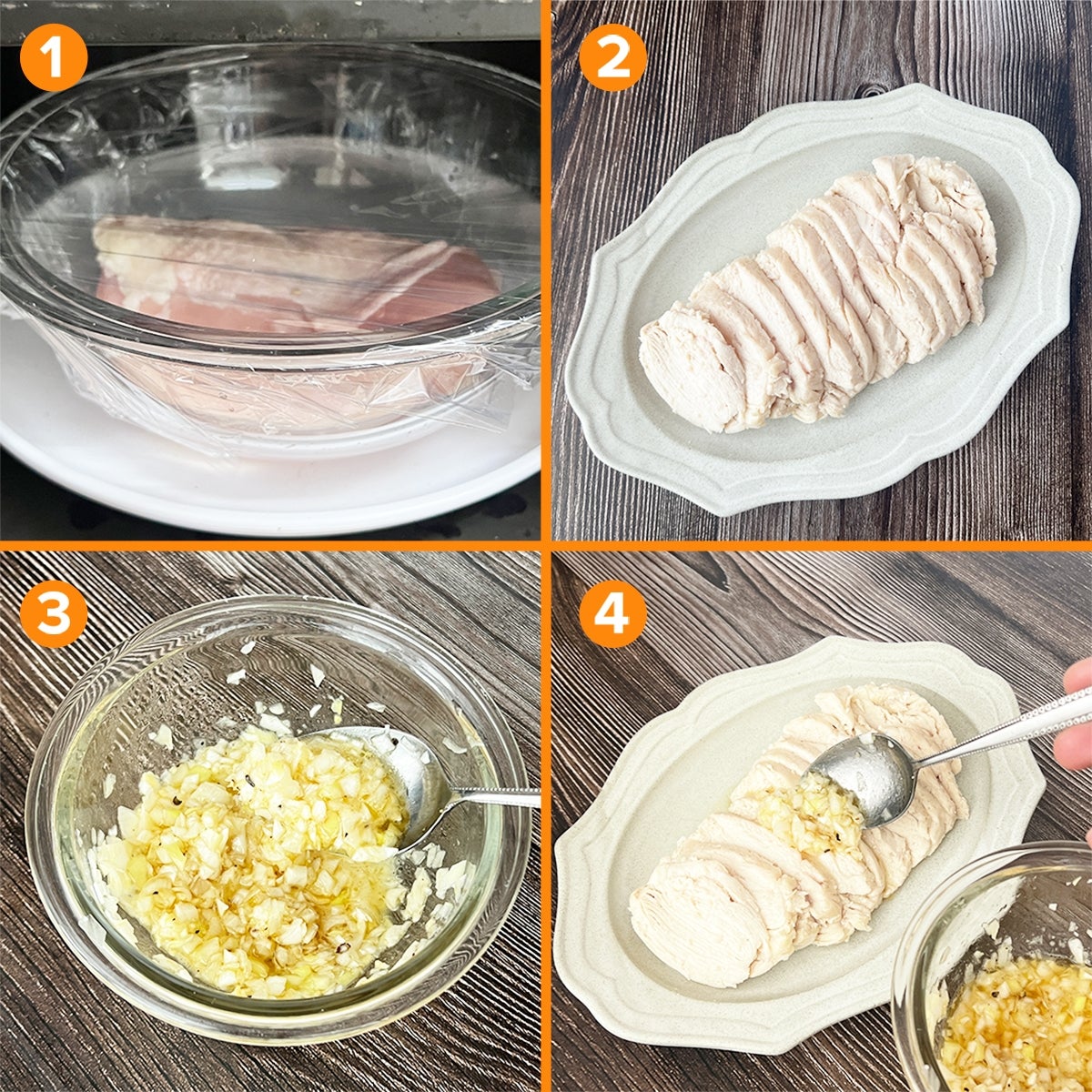 電子レンジで蒸した鶏むね肉に、刻んだ長ねぎとニンニクを混ぜたソースをかける手順。