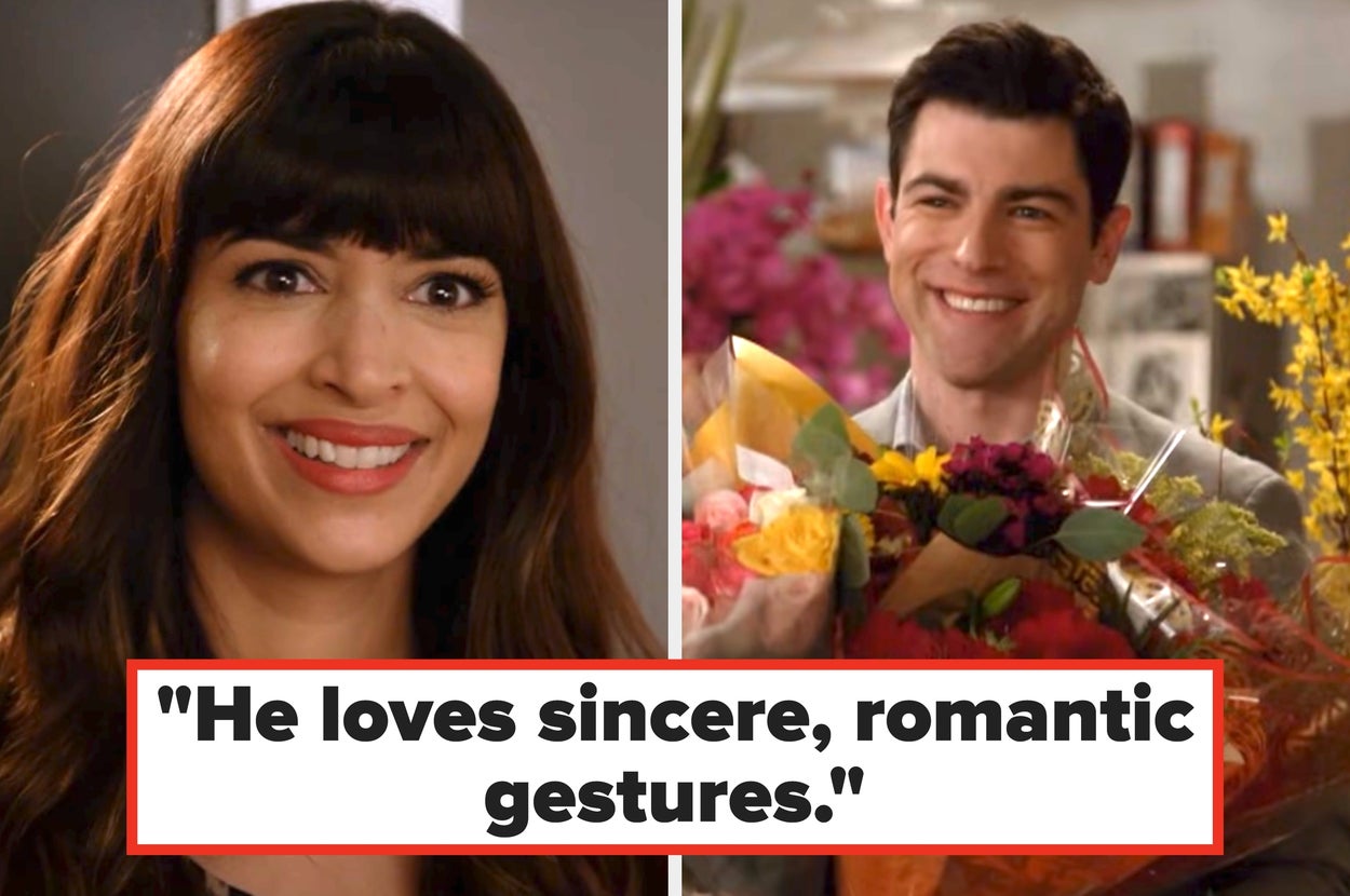 Two people smiling; one has long hair, the other holds a bouquet, showcasing a romantic gesture in a vibrant setting