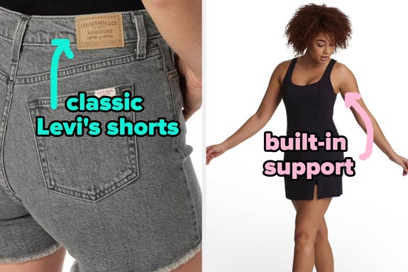 Close-up of Levi's shorts with classic label, plus woman in black dress with built-in support, highlighting casual clothing options