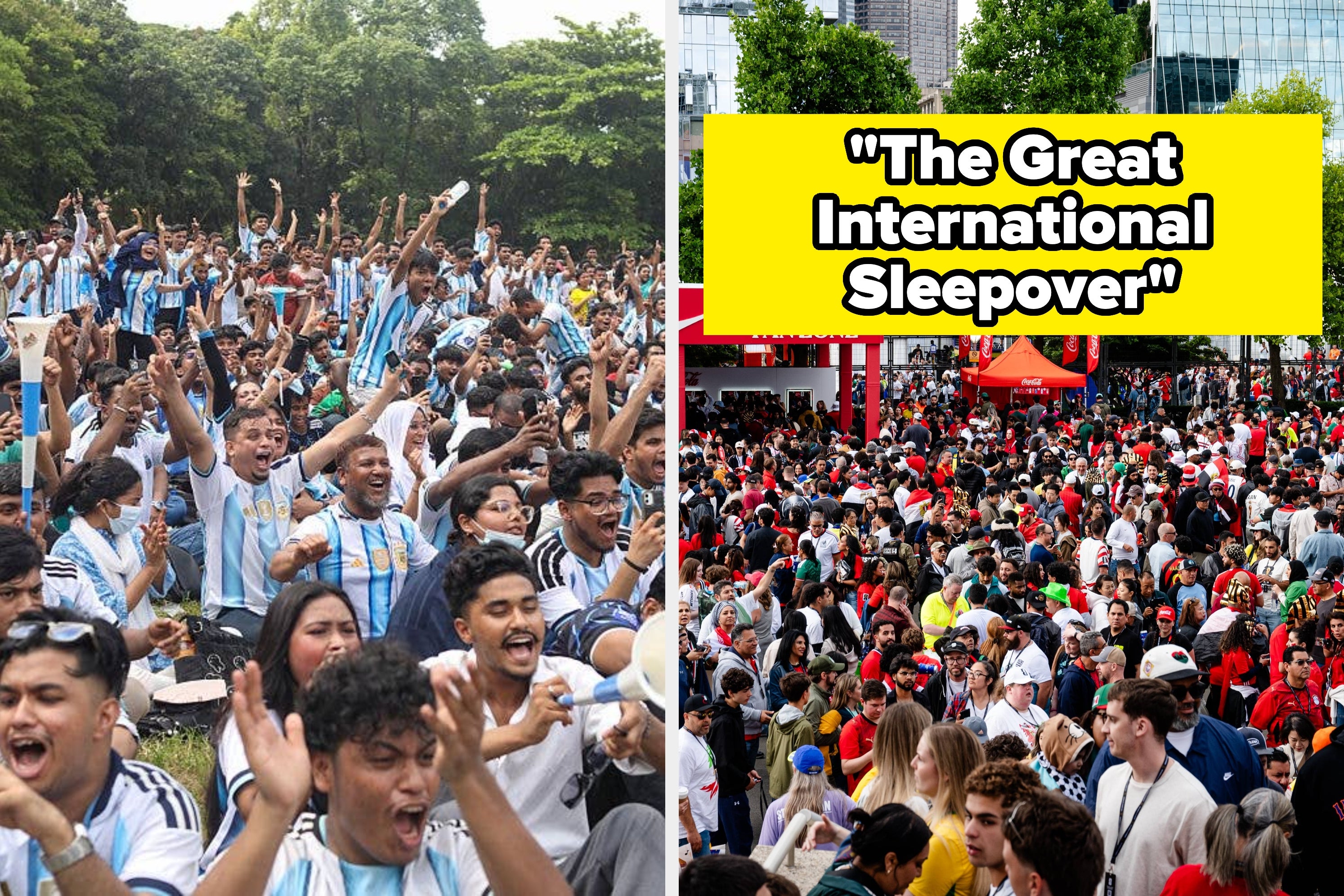 Crowd celebrates outside, person in sports jersey smiling at a lively gathering. Text: "The Great International Sleepover."
