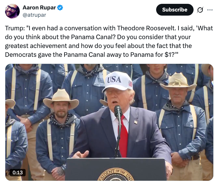 Donald Trump speaks astatine a podium wearing a USA hat, successful beforehand of radical dressed successful uniforms with cowboy hats