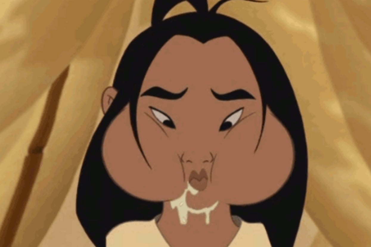 Animated character with puffed cheeks spits out porridge in surprise