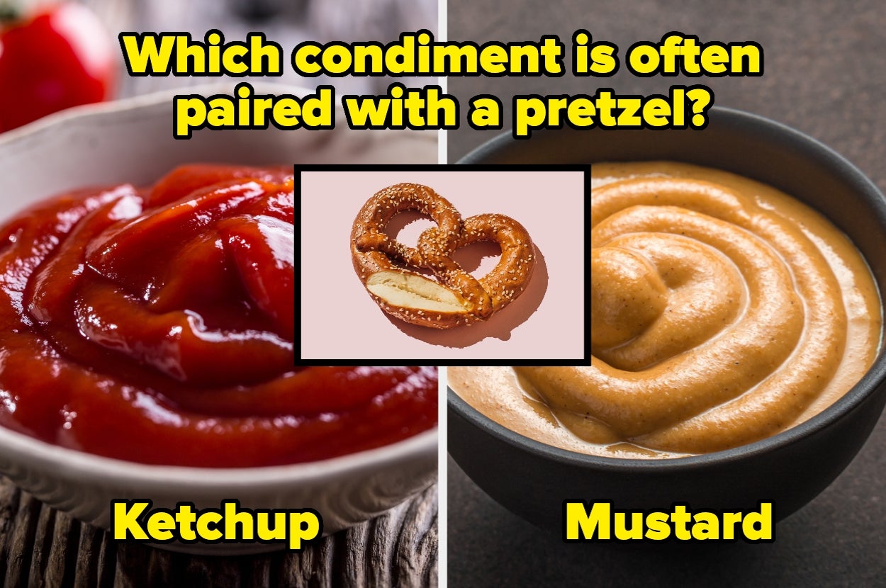 A split image with ketchup on the left and mustard on the right, asking which is often paired with a pretzel