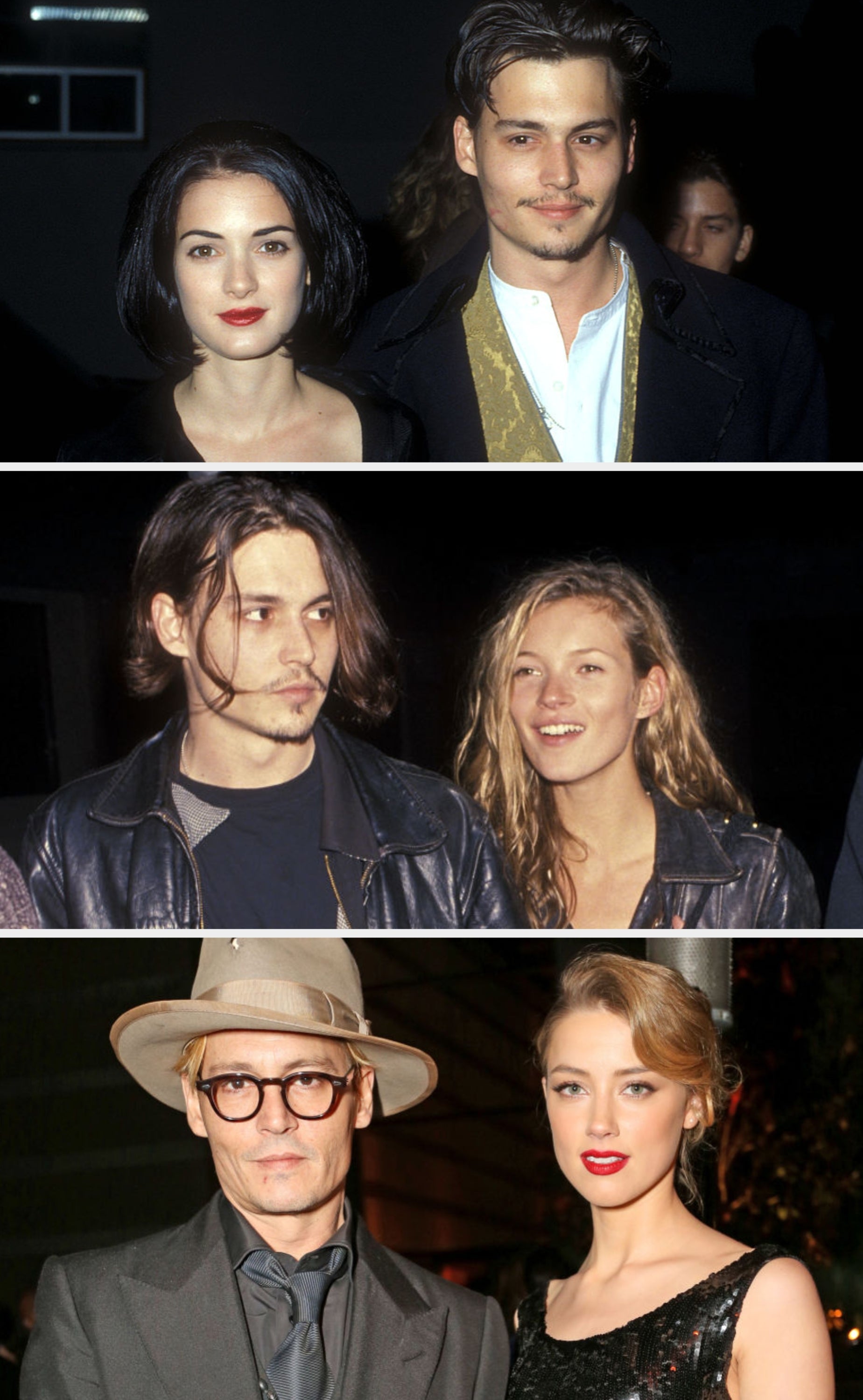 Johnny Depp with Winona Ryder in the top image. Johnny Depp with Kate Moss in the middle image. Johnny Depp with Amber Heard in the bottom image