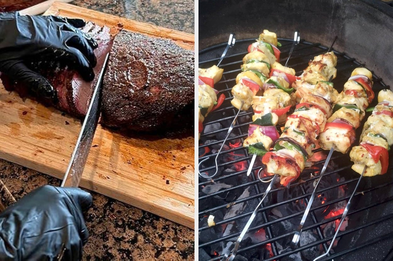 Close-up of sliced roast beef on a cutting board and colorful vegetable skewers grilling over an open flame. Ideal for food shopping inspiration
