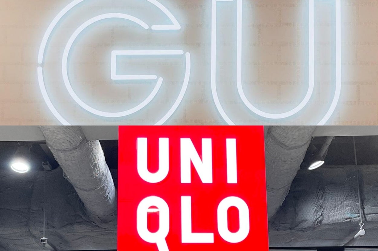 上部に「GU」、下部に「UNIQLO」のネオン看板がある店内。
