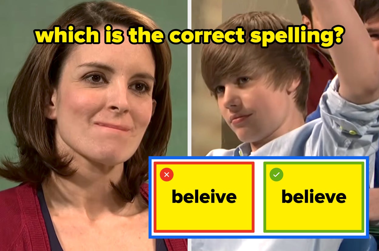A woman looks on while a person in a classroom setting raises their hand. The image asks, "Which is the correct spelling?"