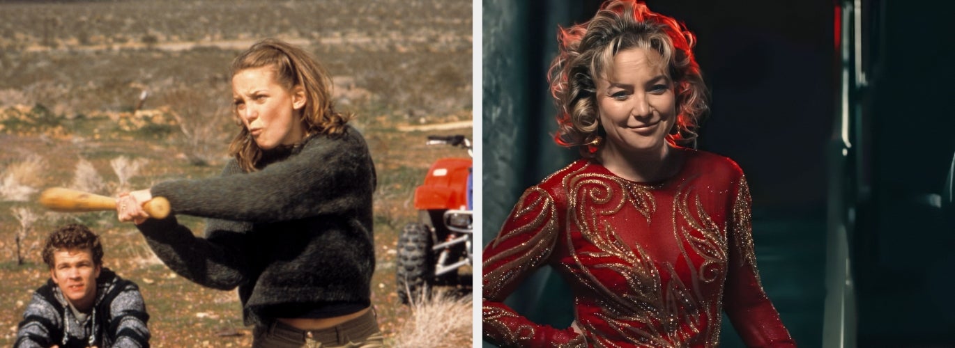 There is younger Kate Hudson swinging a bat outdoors and Kate Hudson in a red, ornate dress posing indoors