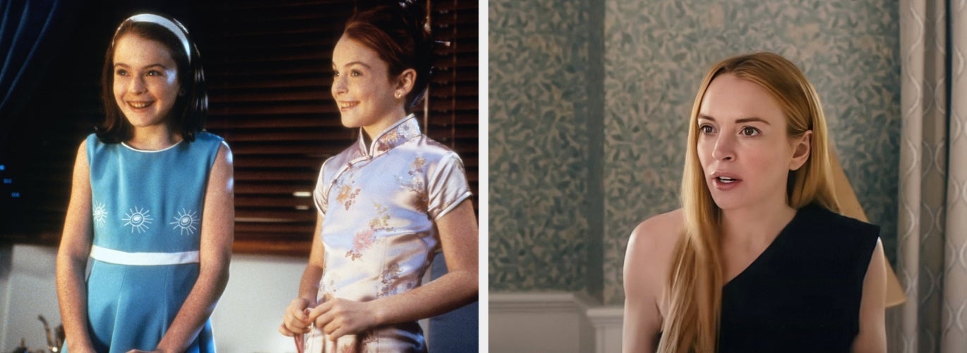 Lindsay as two young girls in stylish dresses on the left; and Lindsay with long hair in a black one-shoulder dress on the right