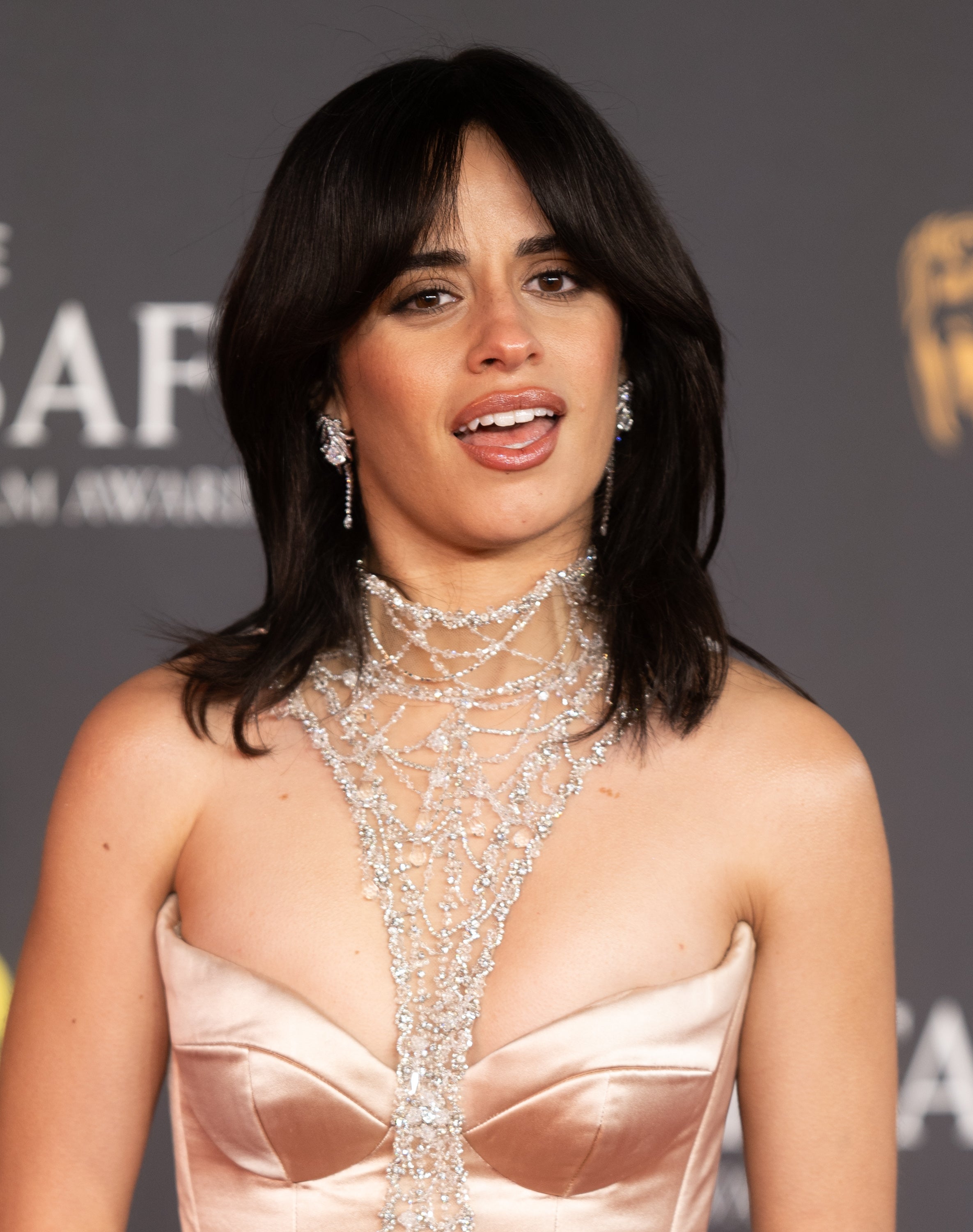 Camila Cabello successful  an elegant strapless gown adorned with intricate jewelry connected  the reddish  carpet, smiling