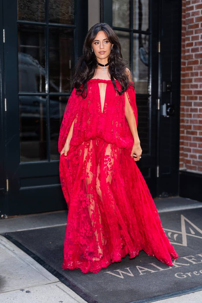 Person successful  a flowing, intricate lace formal  poses with assurance  extracurricular  an entrance